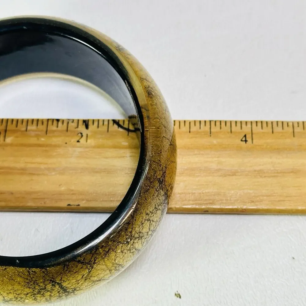 Vintage Lucite Black Gold Foil Bracelet Bangle Black Metallic Shiny Chunky Round
